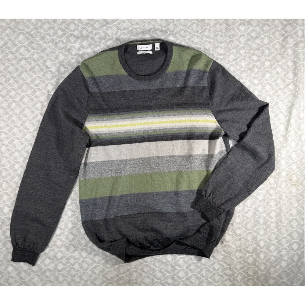 Calvin Klein Mens Crewneck Sweater Italian Yarn Striped Gray Green Cream Size L
